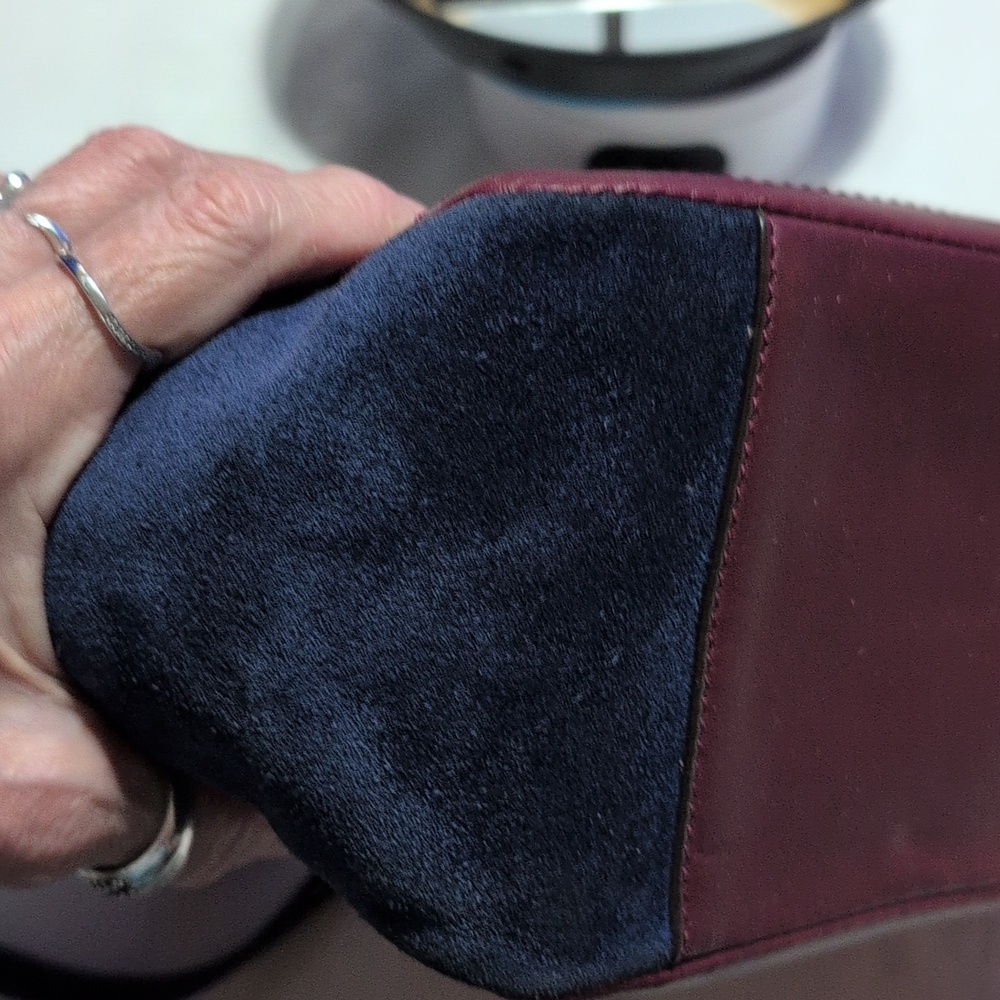 Coach Park Mini Quilted Colorblock In Navy Suede, Wine/ Pink Leather Purse - Picture 14 of 17